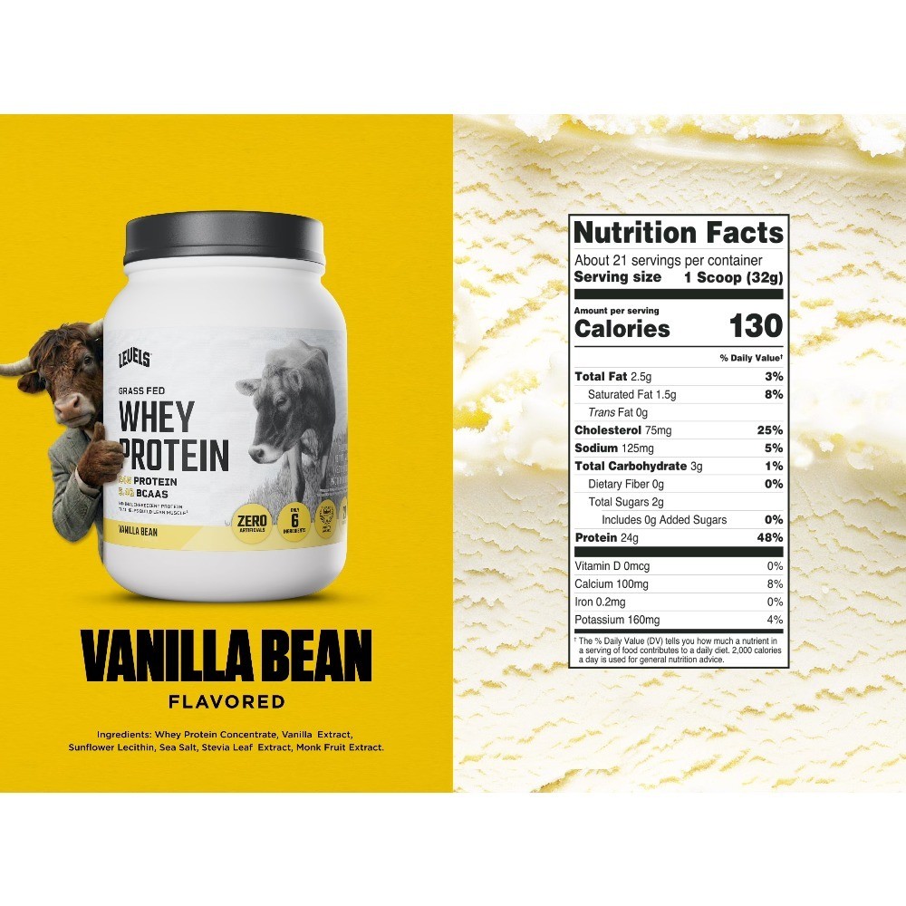 Grass Fed Whey Protein Powder 24g Protein Vanilla Bean Natural No Artificial