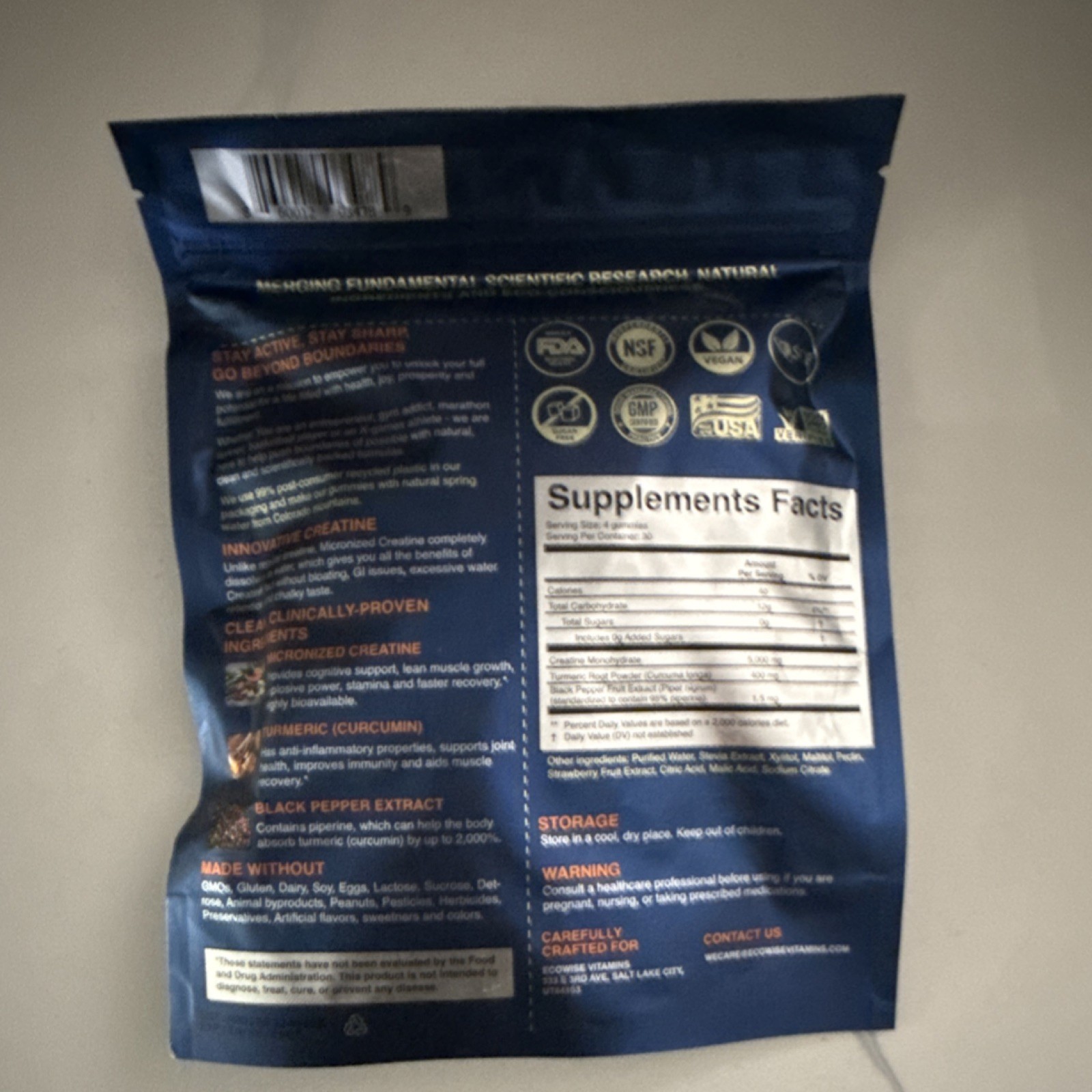 EcoWise Wellness Creatine Monohydrate Gummies 5000mg 120ct Strawberry Vegan USA