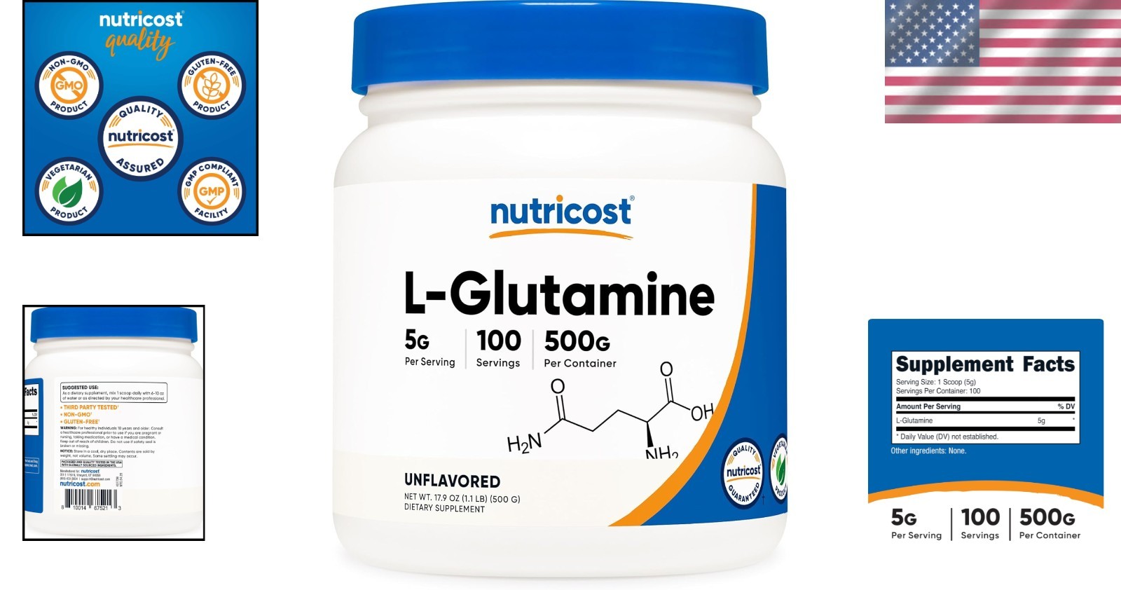1.1 lb L-Glutamine Powder – 100 Servings of Gluten-Free & Vegetarian Wellness