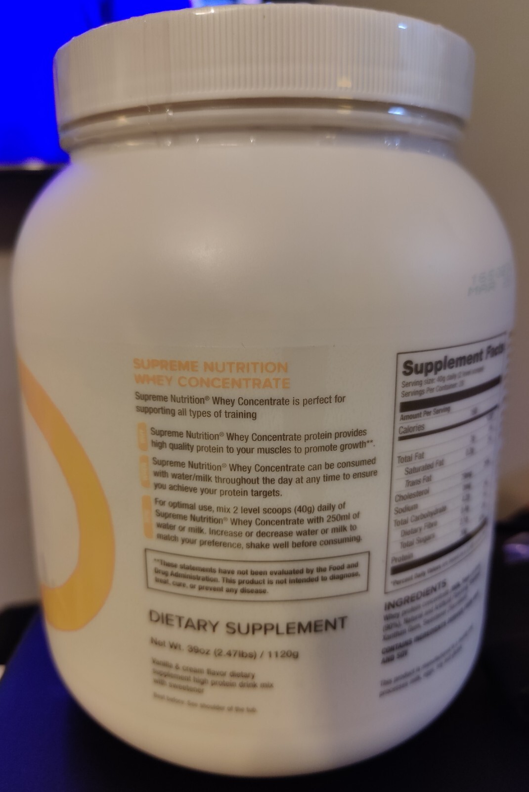 Supreme Protein Whey Concentrate Powder – Vanilla Cream 840 grams protein / jug