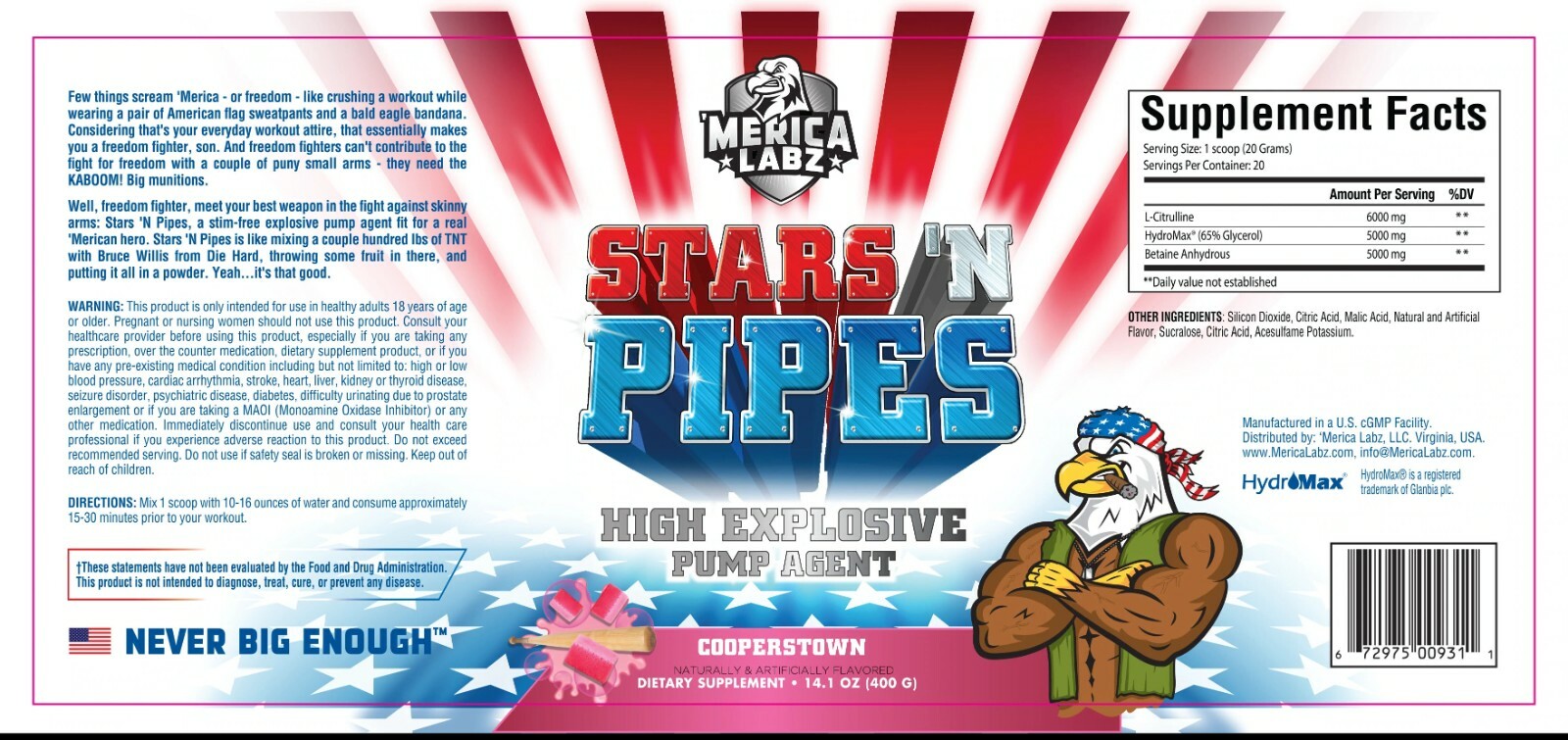 Merica Labz Stars’N Pipes High Explosive Pump Agent 30 Serv (Cooperstown)