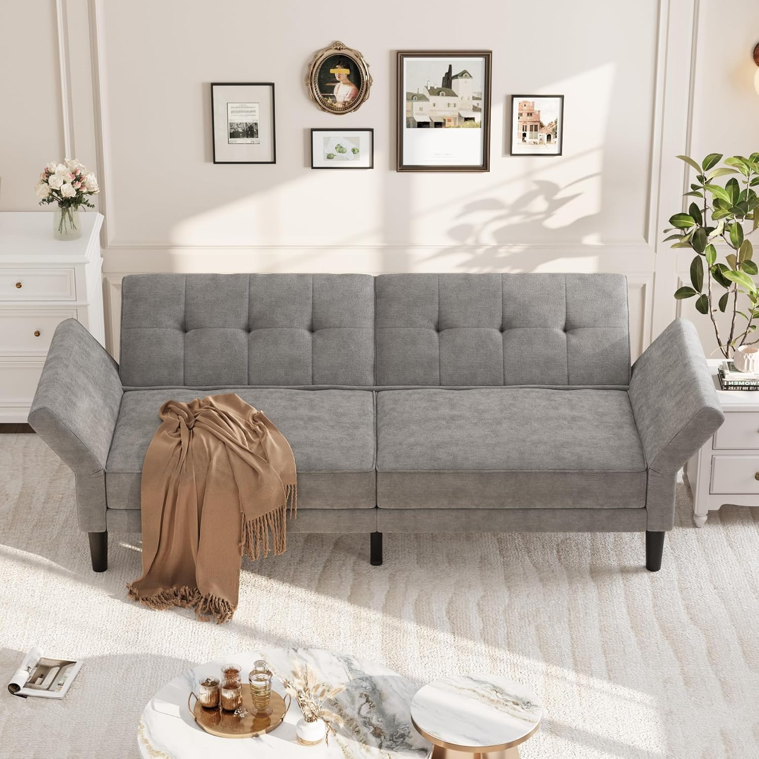 89″ Modern Futon Sofa Bed with Adjustable Backrest & Armrest