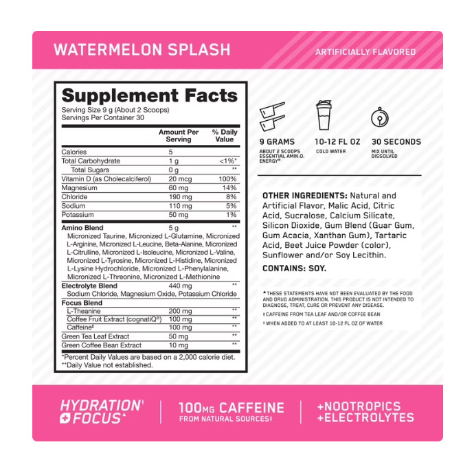 Optimum Nutrition Essential Amino Energy Hydration Plus Focus Powder, Watermelon