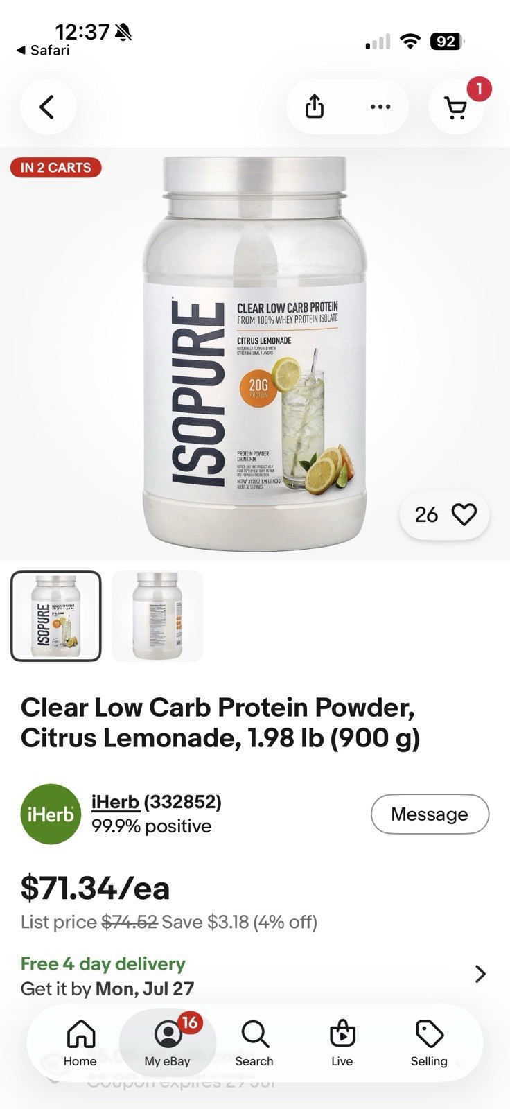 Isopure Clear Whey Protein Isolate Powder- Citrus Lemonade 36serv 31.75oz (900g)