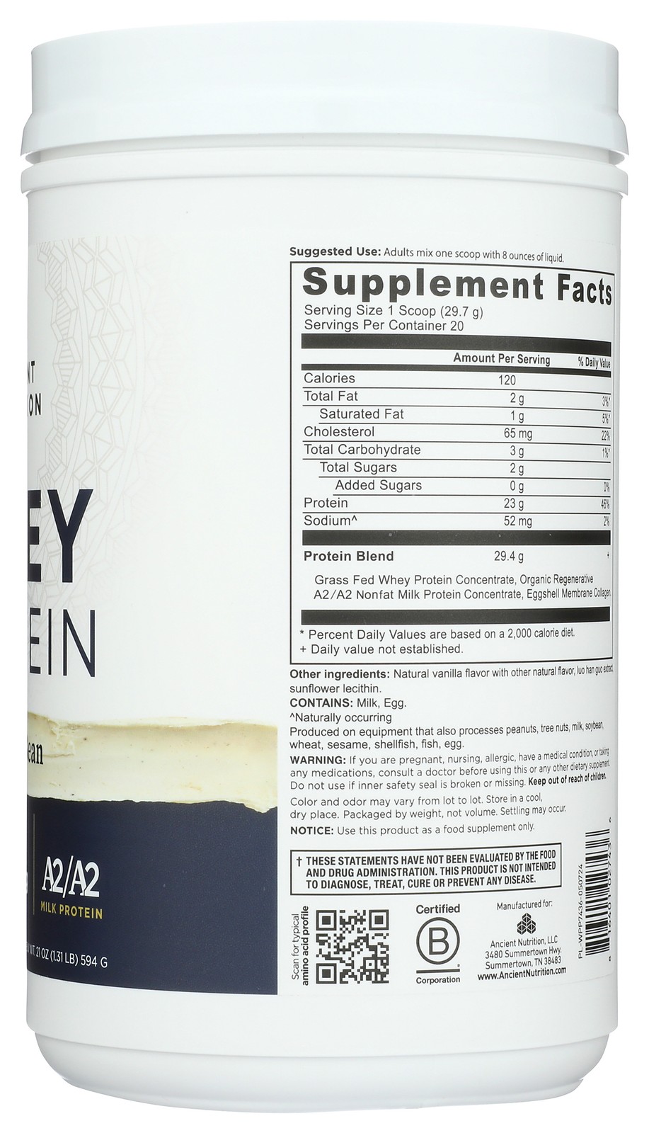 Vanilla Bean Whey Protein Powder By Ancient Nutrition 21 Oz 6G 1 Pack