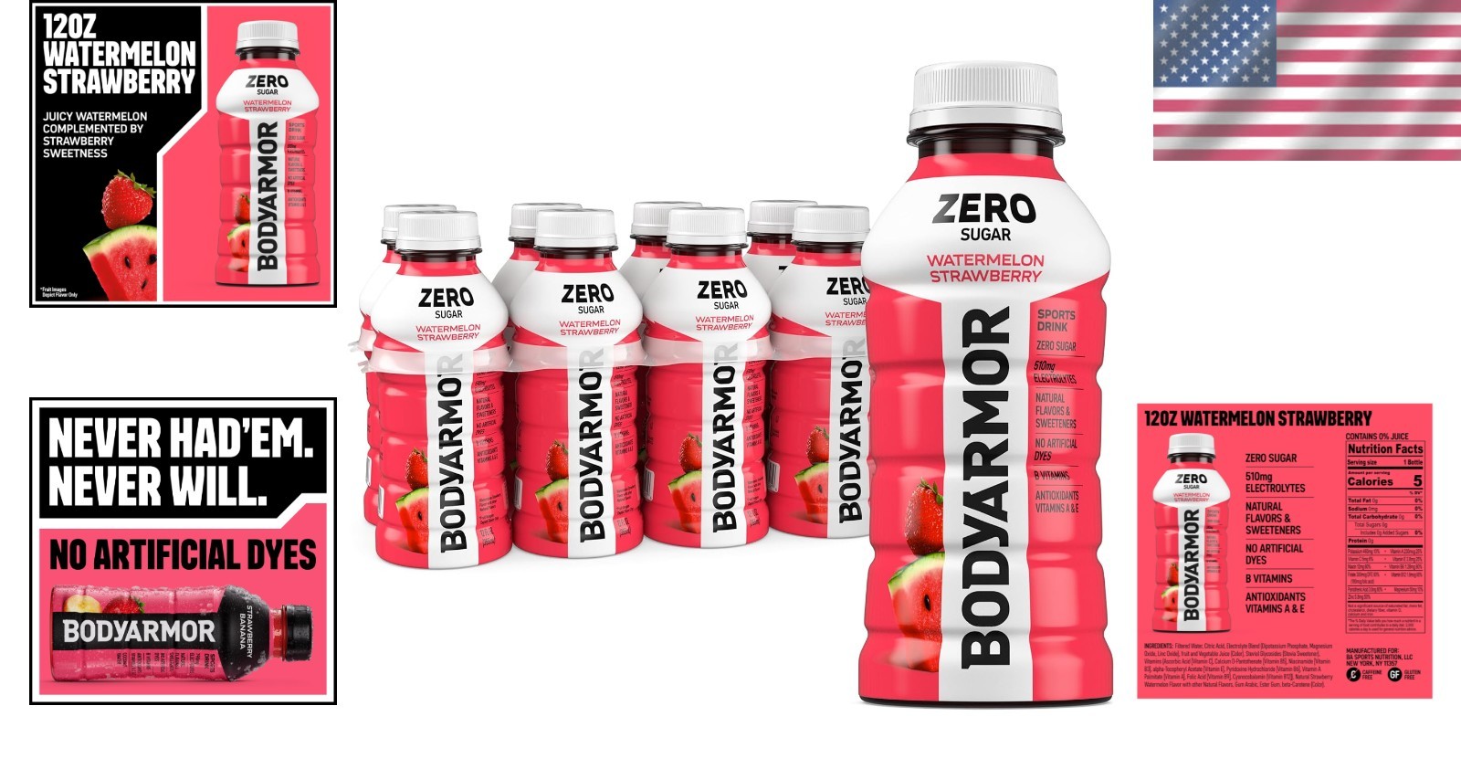 Hydrate with ZERO Sugar Watermelon Strawberry Drink – 8 Pack of 12 Fl Oz Bottles
