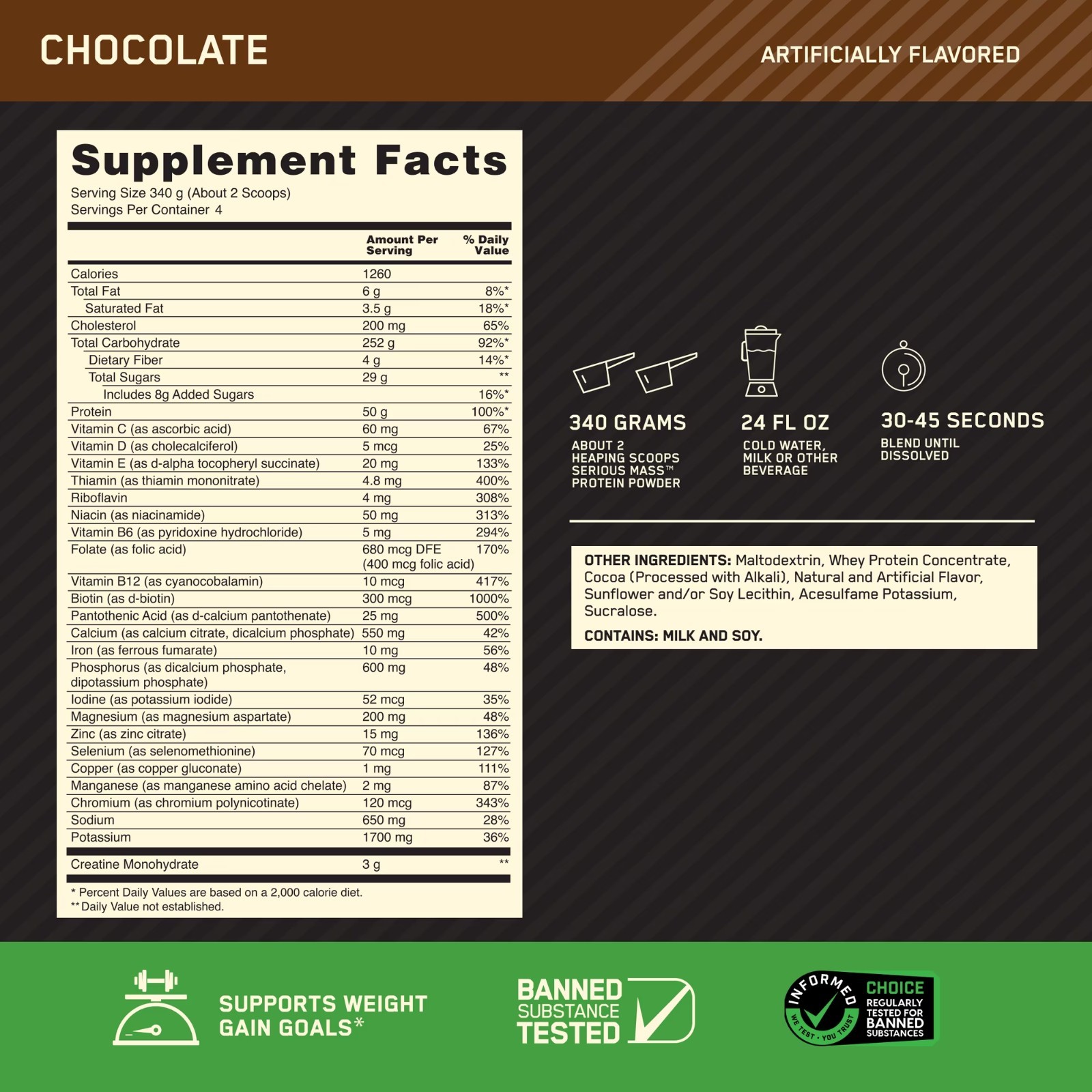 Optimum Nutrition Serious Mass, Chocolate, Weight Gainer Protein Powder