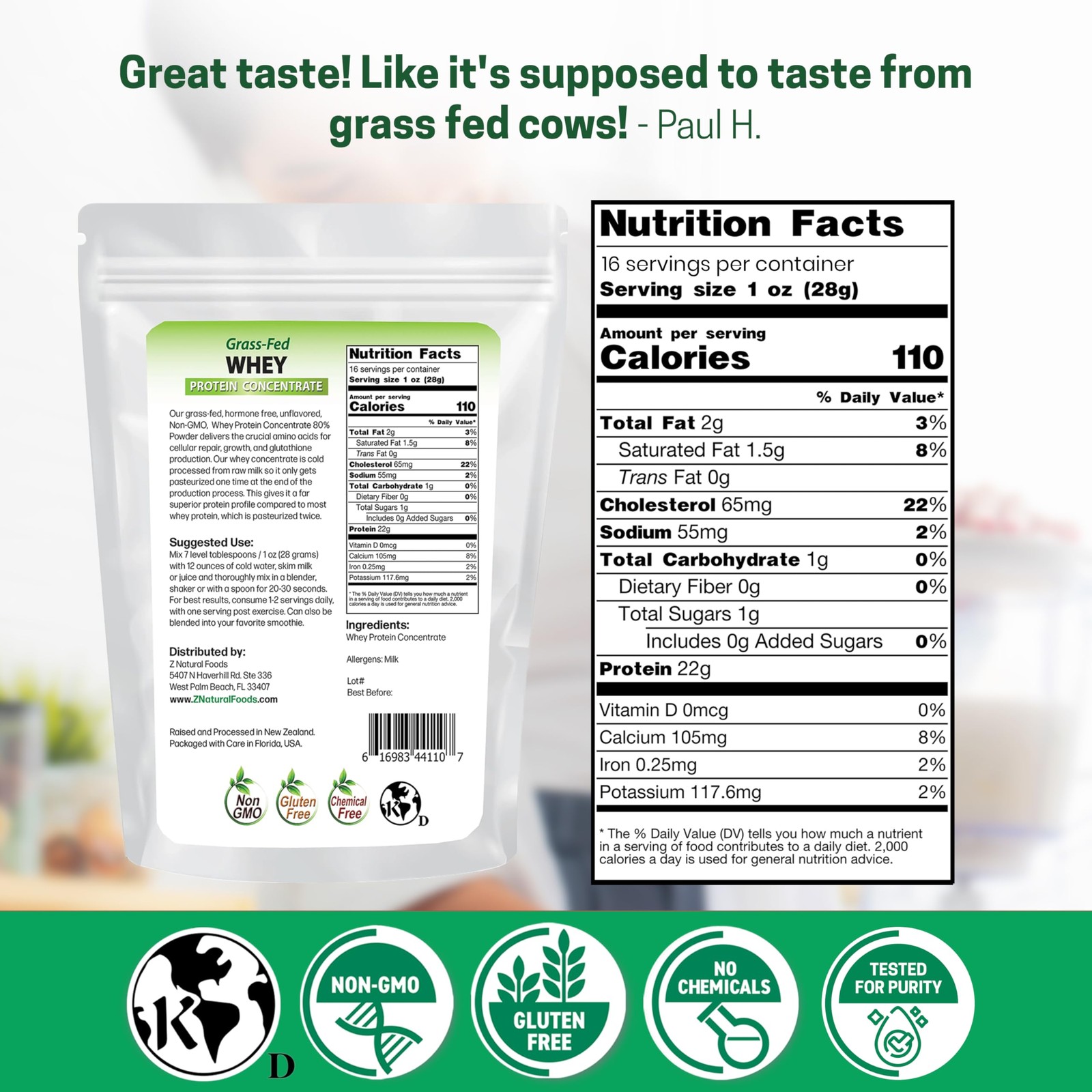 Z Natural Foods Grass-Fed Whey Protein Concentrate 1lb Pure Cold Processed Unfla