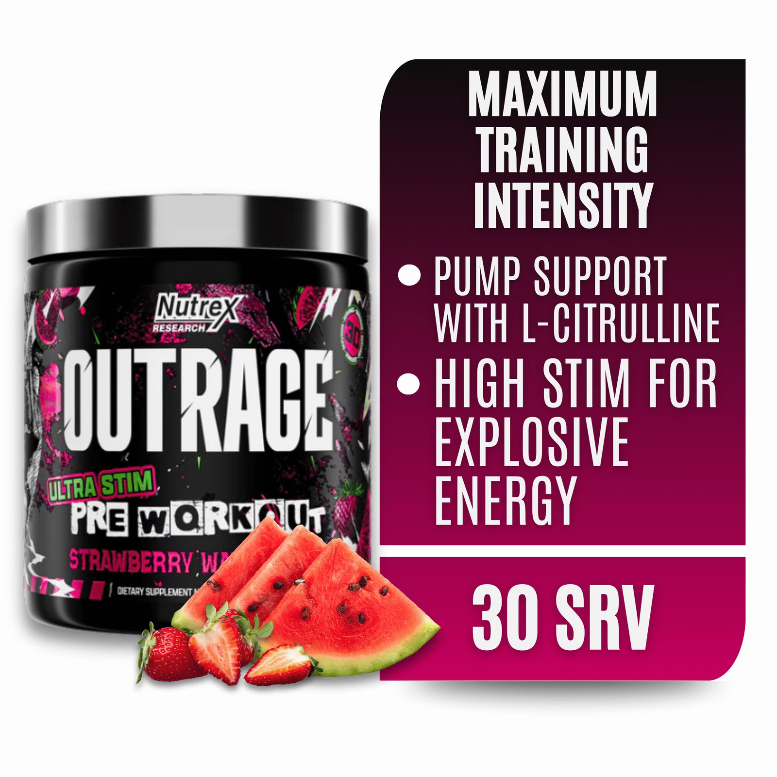 Nutrex Research OUTRAGE Strawberry Watermelon High Intensity Pre Workout Powder