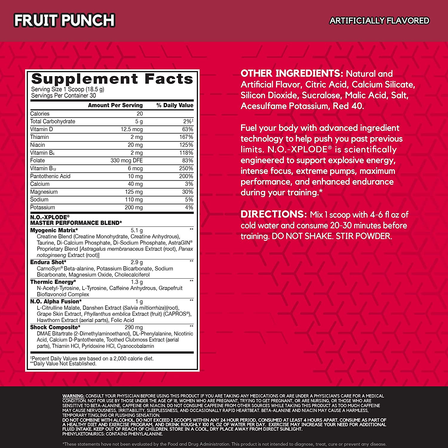 BSN N.O.-XPLODE Pre Workout Powder, Energy Supplement, Fruit Punch, 30 Servings
