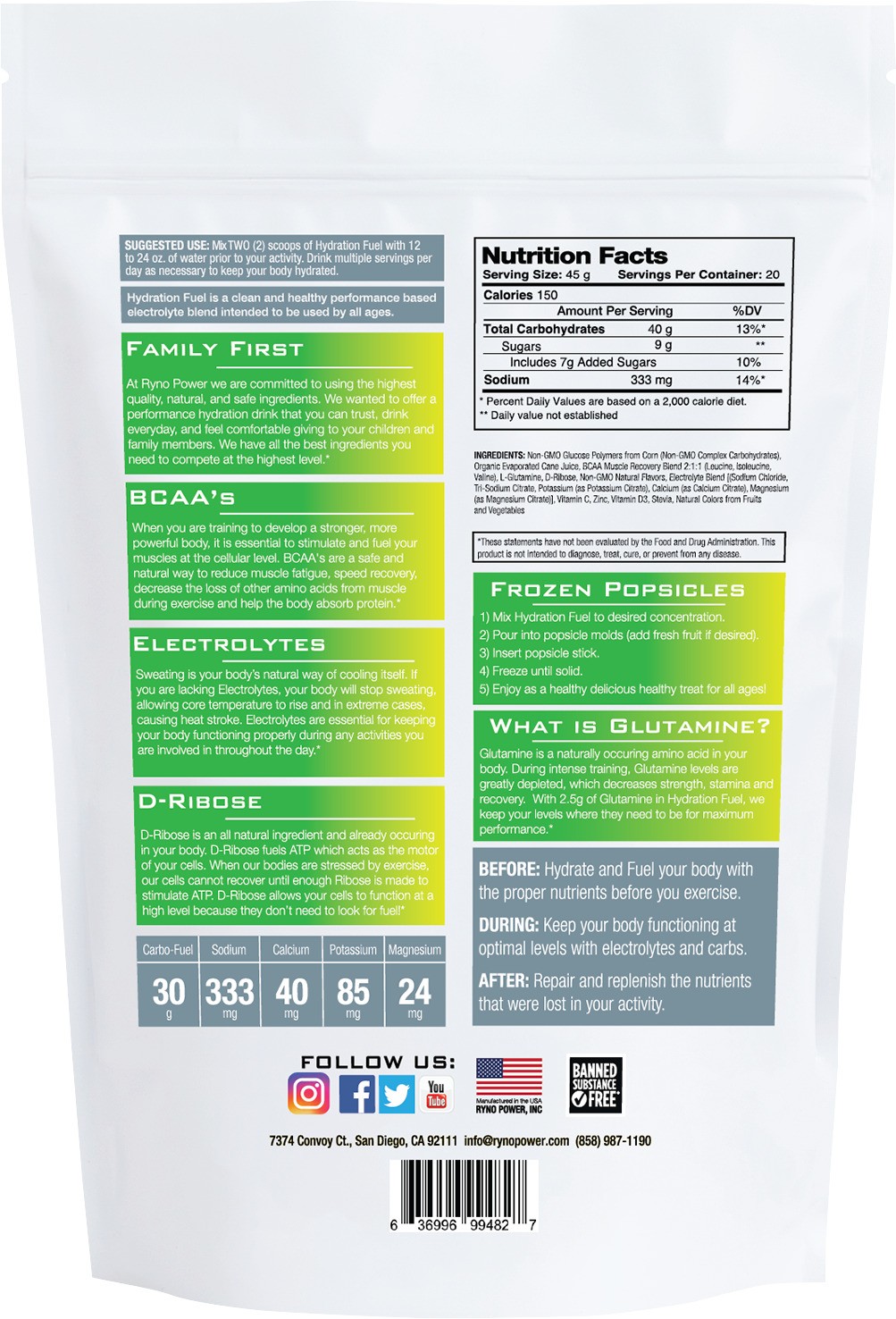 Ryno Power Hydration Fuel Lemon Lime 2lb Electrolyte Drink Mix