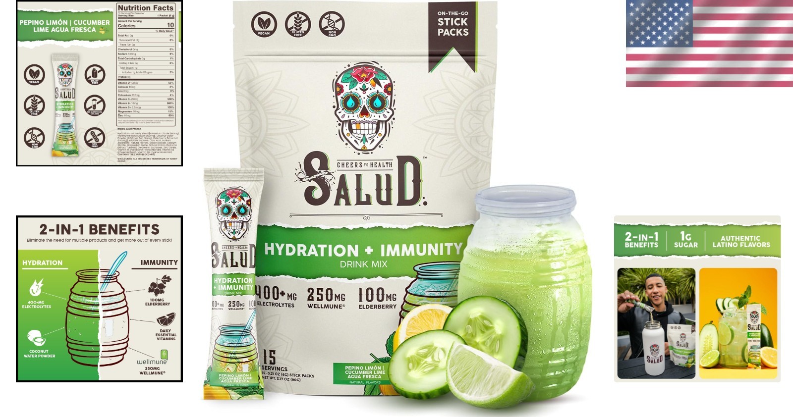 Salud Cucumber Lime Hydration & Immunity Packets – 15 Servings of Pure Wellness