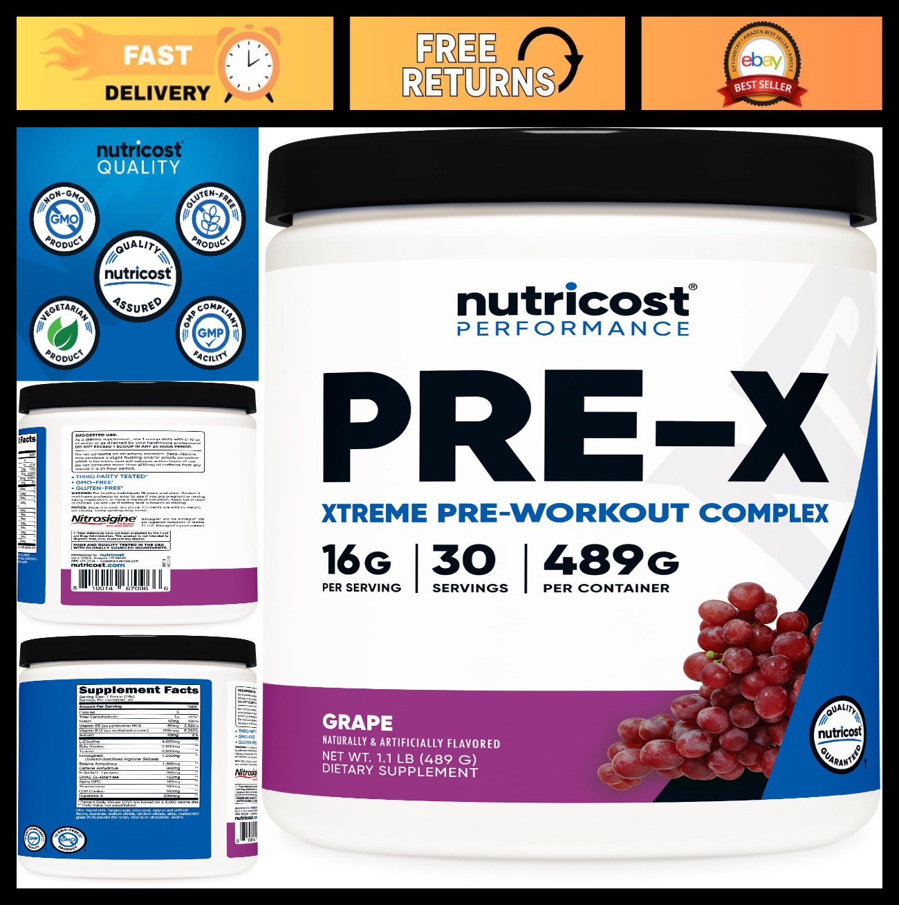 Extreme Pre-Workout Powder Complex – Grape Flavor, 30 Servings, Vegan, Non-GMO,