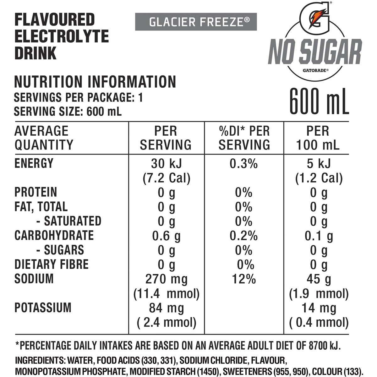 Gatorade No Sugar Blue Glacier Freeze Hydrating Sports Drink 600ml