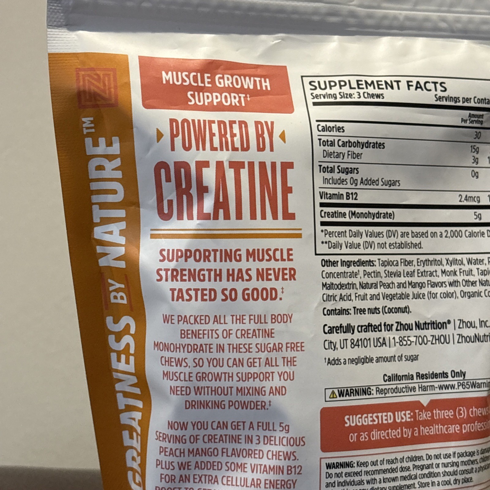 Zhou, Creatine Chews, Muscle Growth Support, Peach Mango, 60 Chews, EXP 12/2026