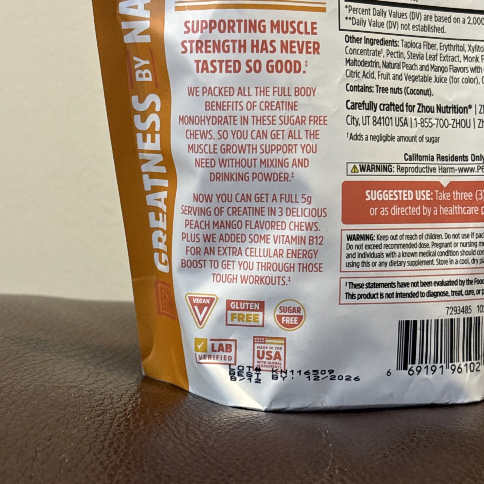 Zhou, Creatine Chews, Muscle Growth Support, Peach Mango, 60 Chews, EXP 12/2026