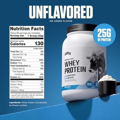 Levels Grass Fed Whey Protein Powder Unflavored 2LB Clean 25g Protein BCAAs