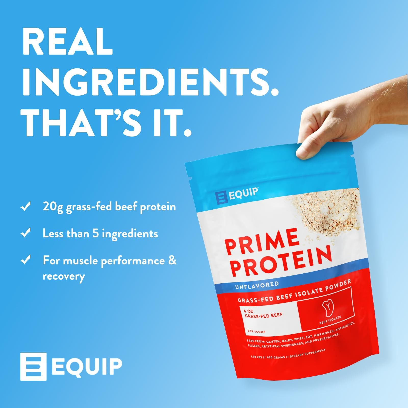 Equip Foods Prime Protein Powder Grass Fed Beef Protein 30 Servings, Unflavored.