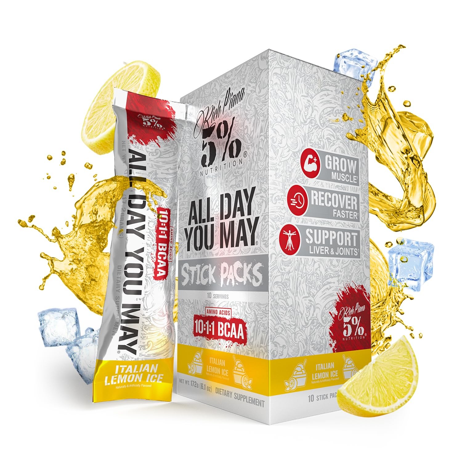 5% Nutrition Rich Piana AllDayYouMay BCAA Powder Stick Packs | Premium Intra …