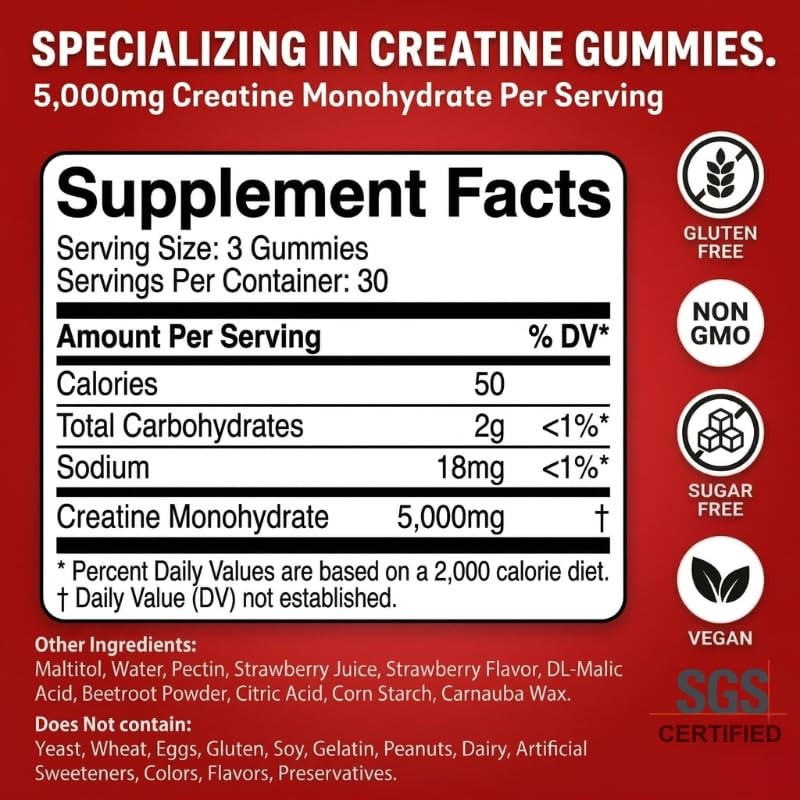 99.9% Creatine Monohydrate Gummies, 5000mg Creatine for Men & Women