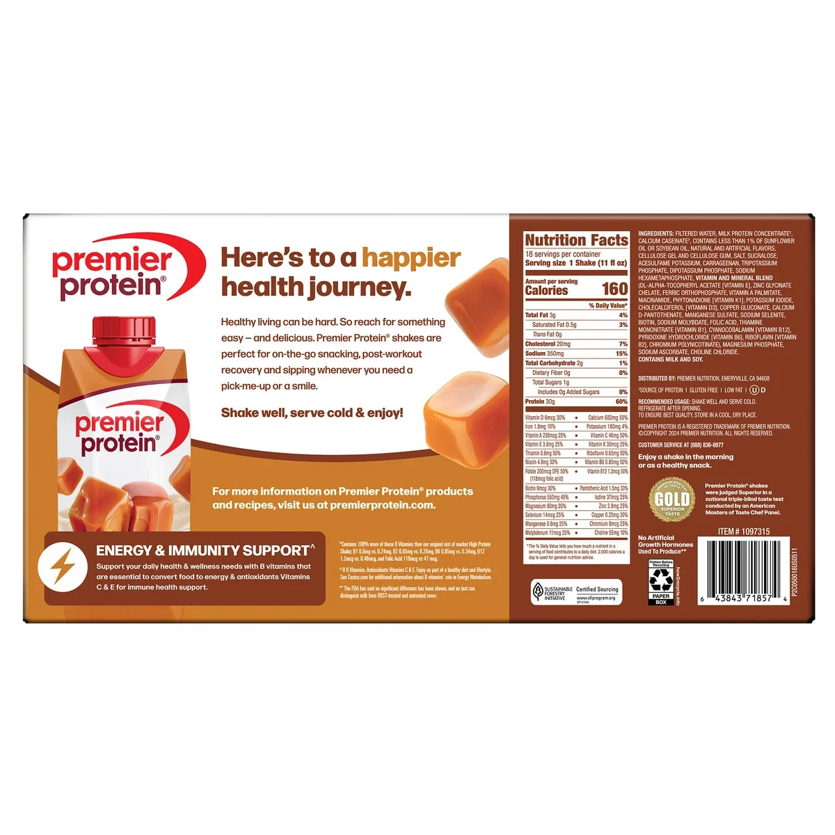 Premier 30g Protein PLUS Energy and Immune Support Shakes, Caramel, 11 fl oz, 18