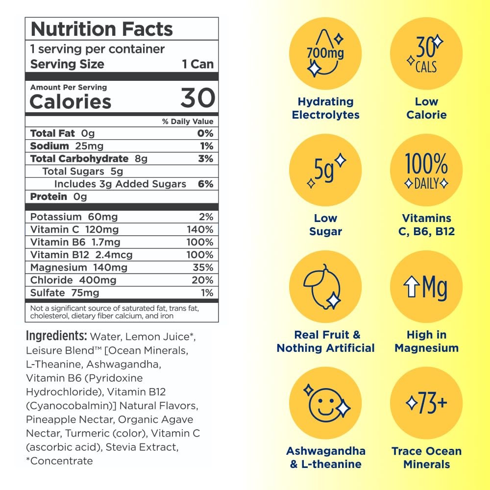 Leisure Hydration Non-Carbonated Electrolyte Refresher,Lemonade Flavor-Low Sugar