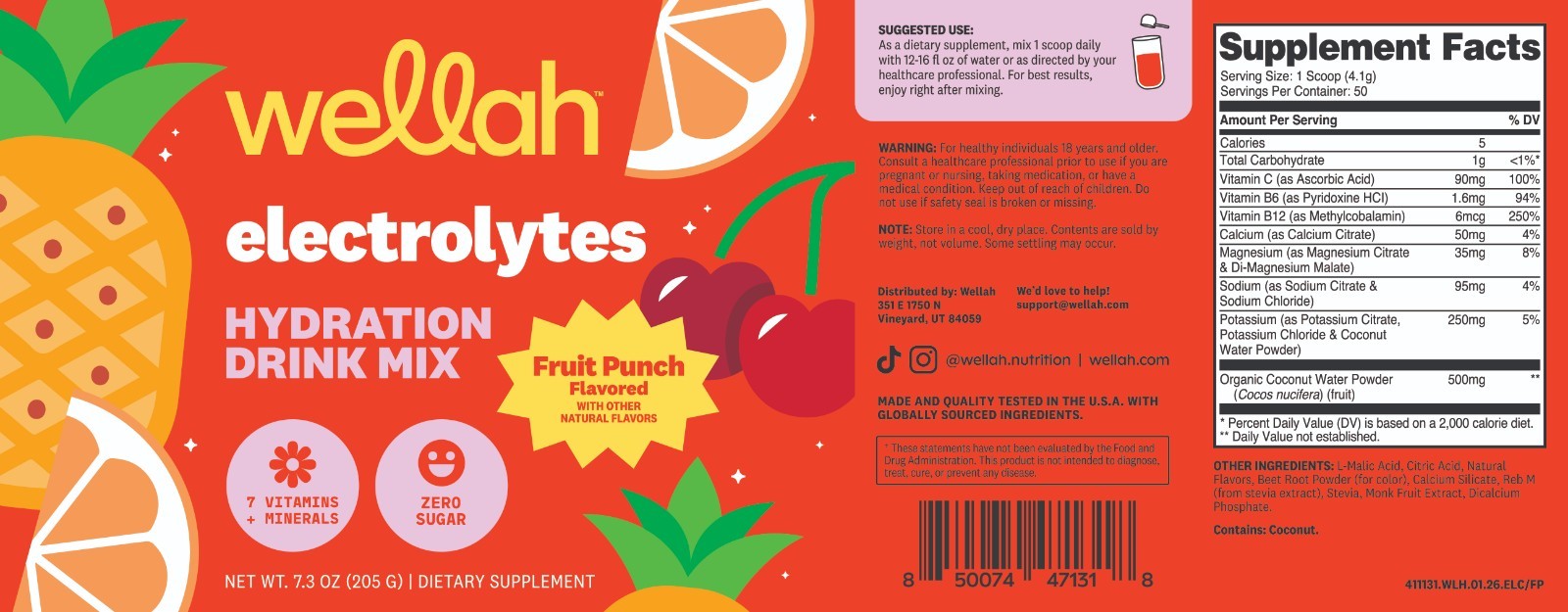 Wellah Electrolytes Powder (Fruit Punch) 50 Servings – Hydration Drink Mix