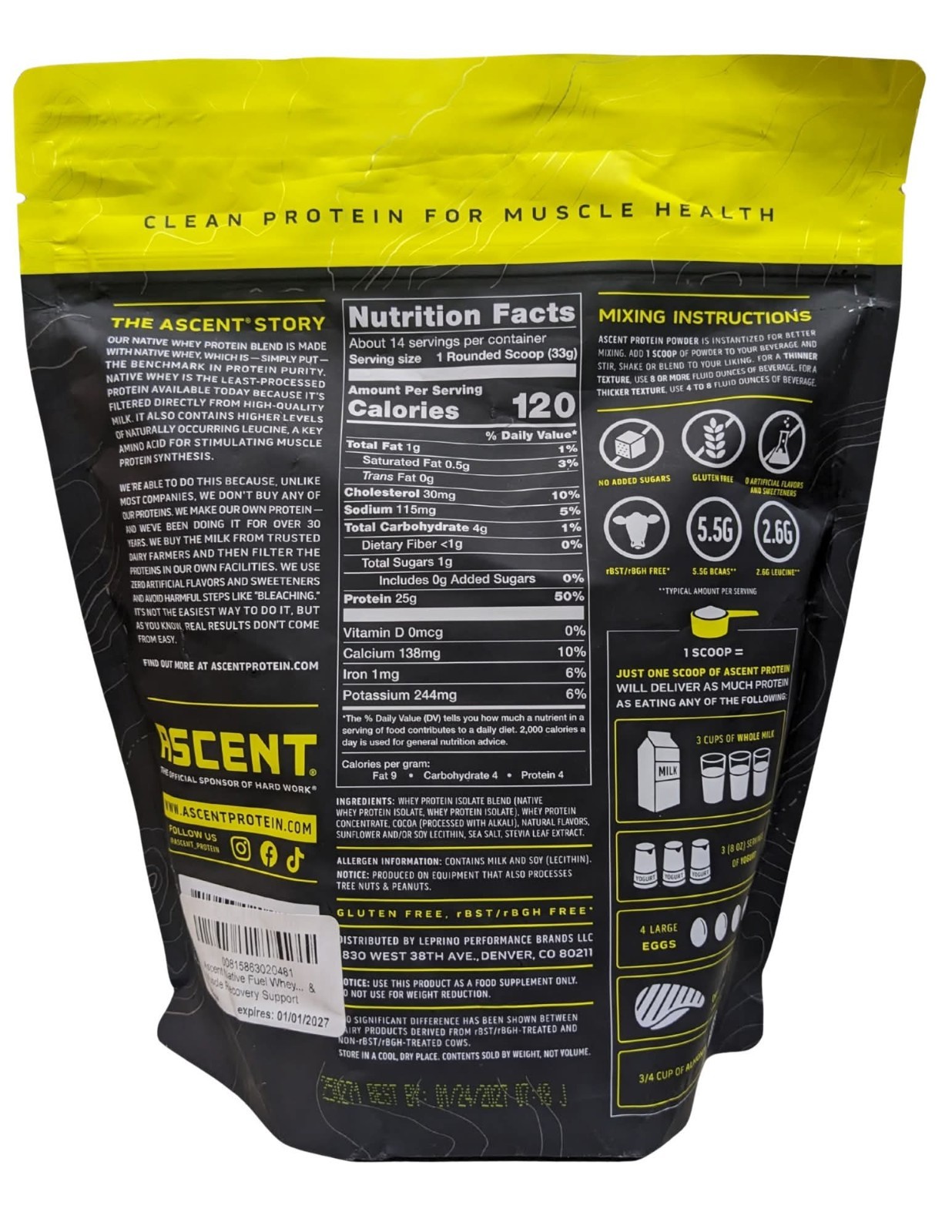 FIVE PACK – -Ascent Native Whey Protein Powder Blend, Chocolate, 1 lb BAGS