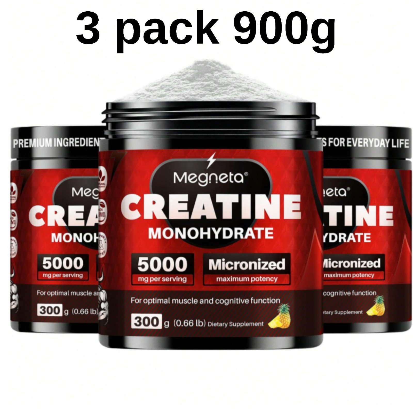 3 Pack Megneta Creatine Monohydrate Powder 900G 5000mg Pineapple Flavor
