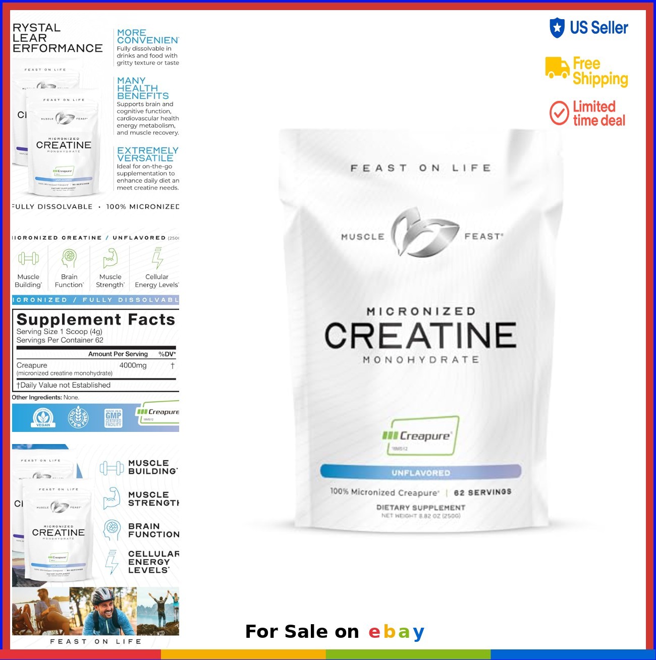 Micronized Creatine Monohydrate Powder Unflavored 250g 62 Servings Vegan Gluten