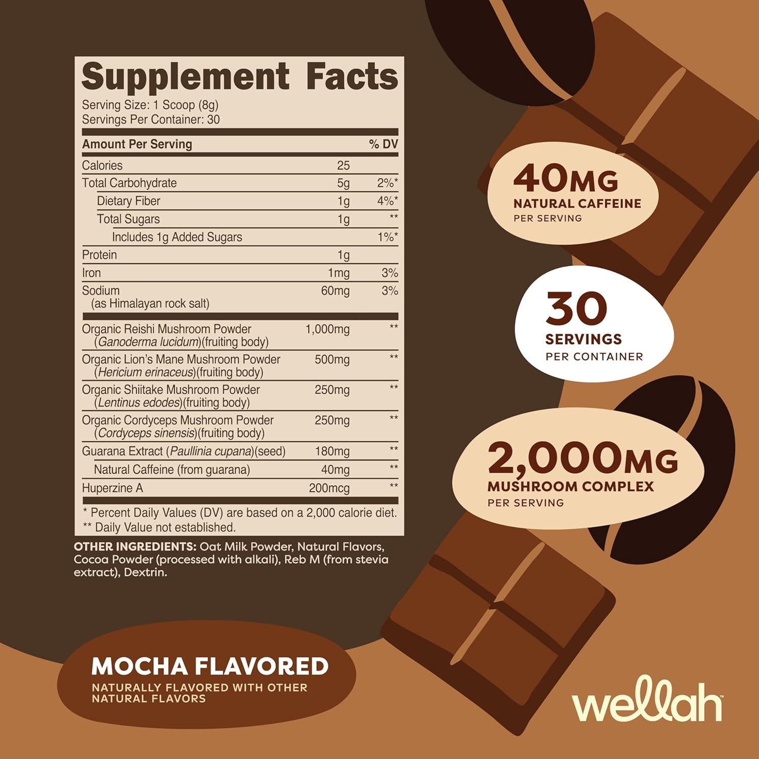 Wake up Adaptogenic Mushroom Drink Blend Mocha Flavored (30 Servings) – 40Mg Nat