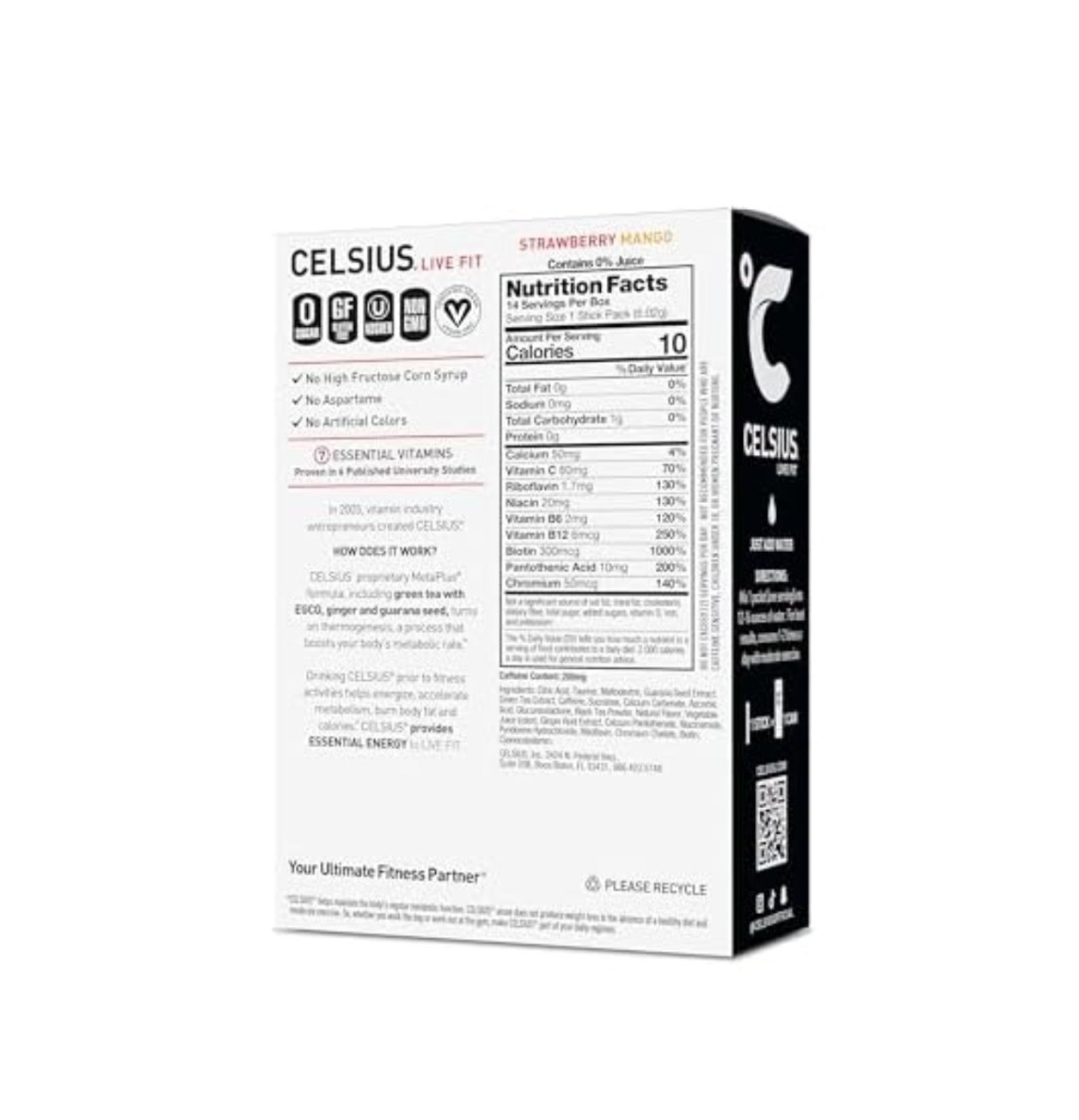 Celsius Essential Energy Powder Drink Mix Sticks Strawberry Mango 14ct 200mg