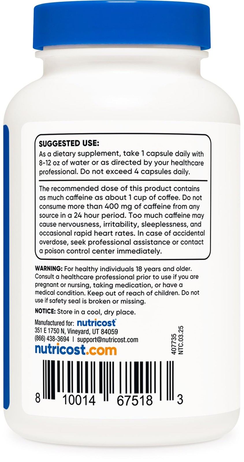 Nutricost Caffeine Pills 100mg Per Serving, 250 Capsules 250 Count (Pack of 1)