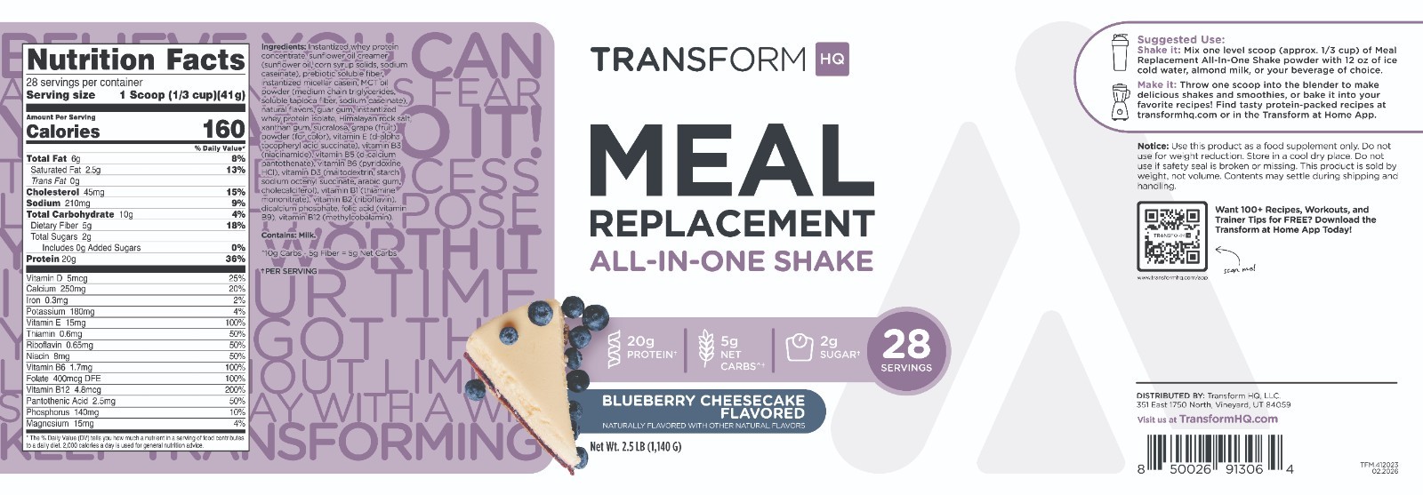 TransformHQ Meal Replacement Shake Powder 28 Servings (Blueberry Cheesecake)