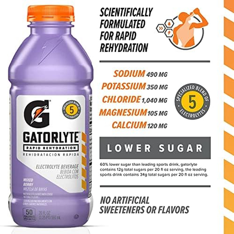 Gatorlyte Electrolyte Drink, Mixed Berry, 20 Fl Oz (12 Pack), Low Sugar, No Extr