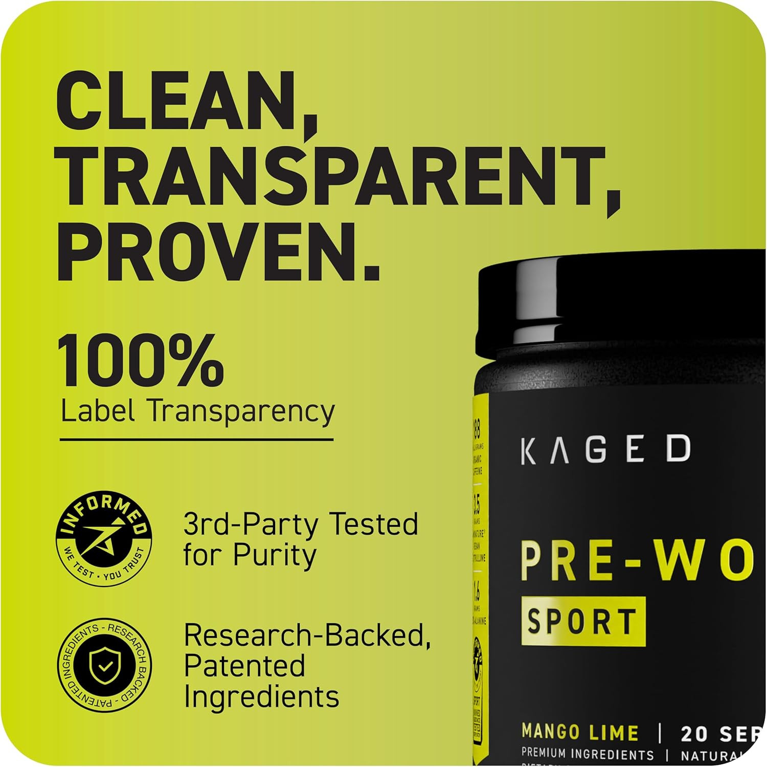 Sport Pre Workout Powder for Men & Women, Mango Lime, Sport Certified, 188Mg Ca