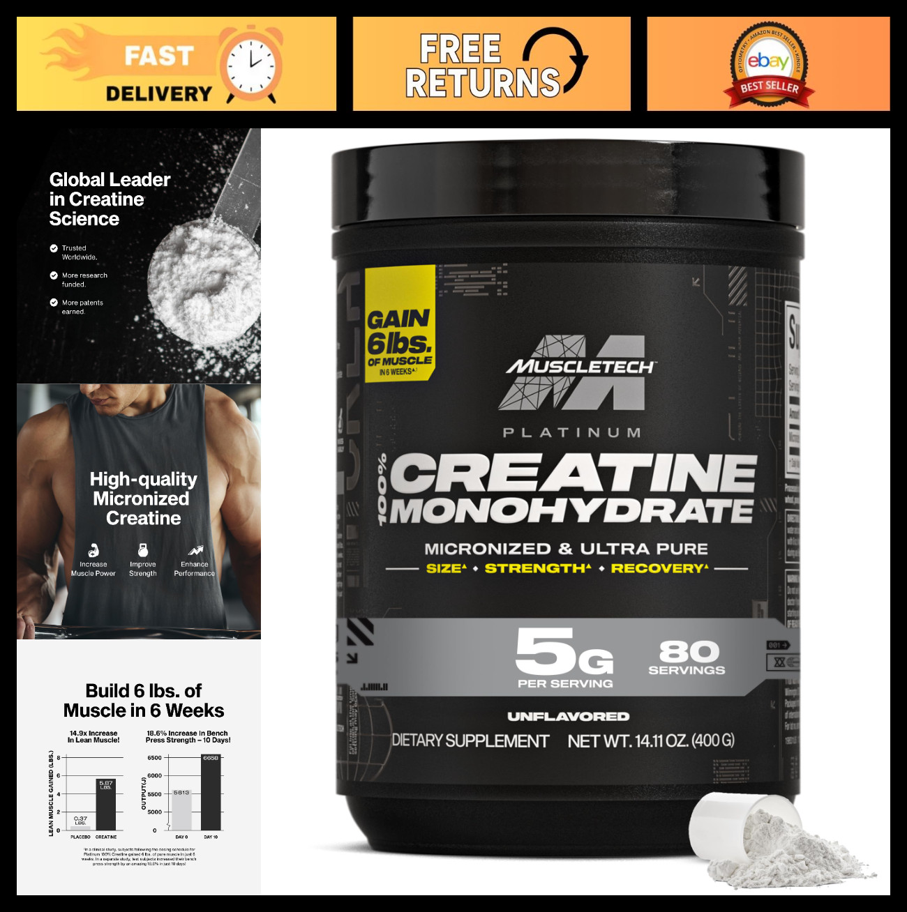 Pure Creatine Monohydrate Powder – 80 Servings, Unflavored Micronized Supplement