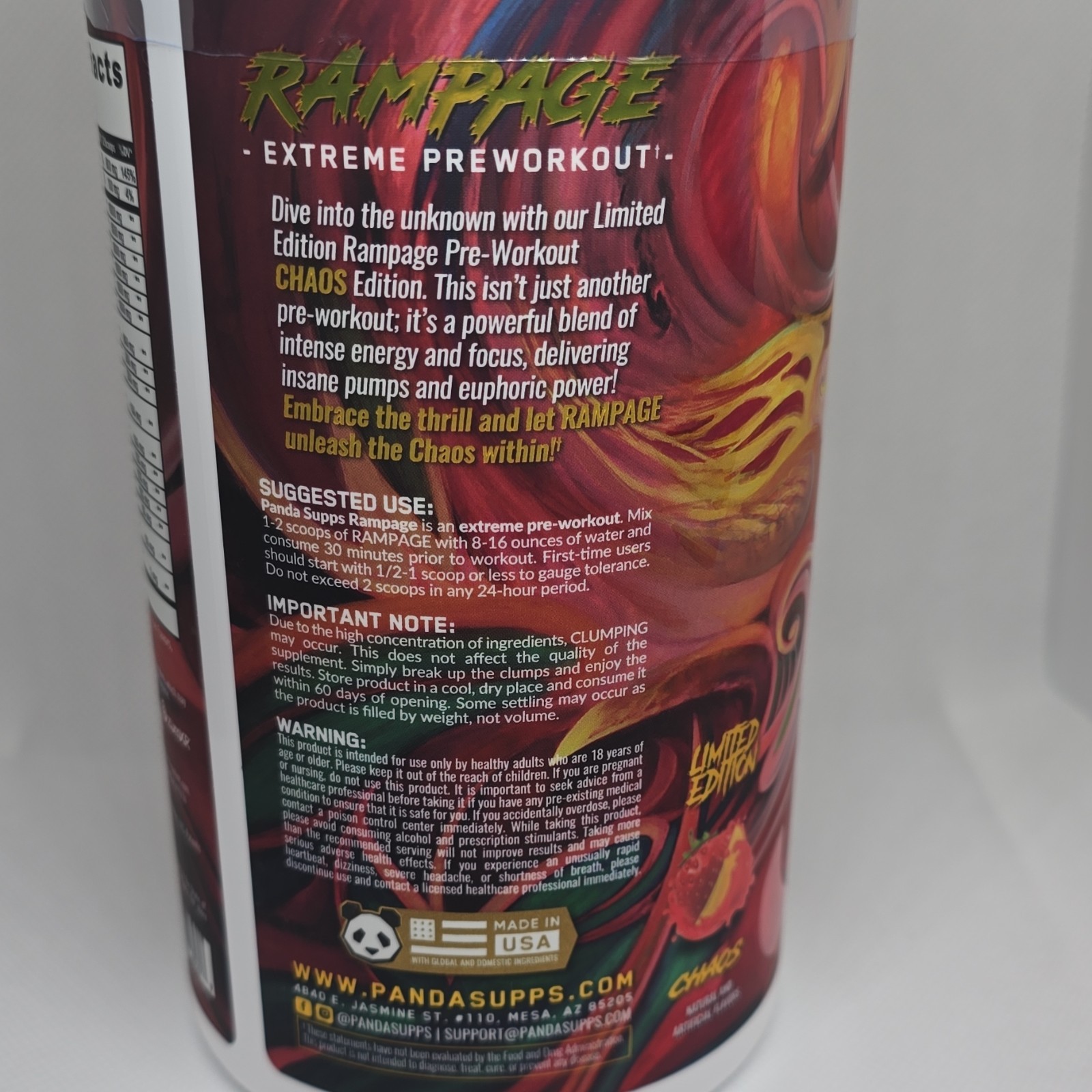 PandaSupplements Pre-Workout Powder L-Citrulline Beta Alanine Chaos Flavor