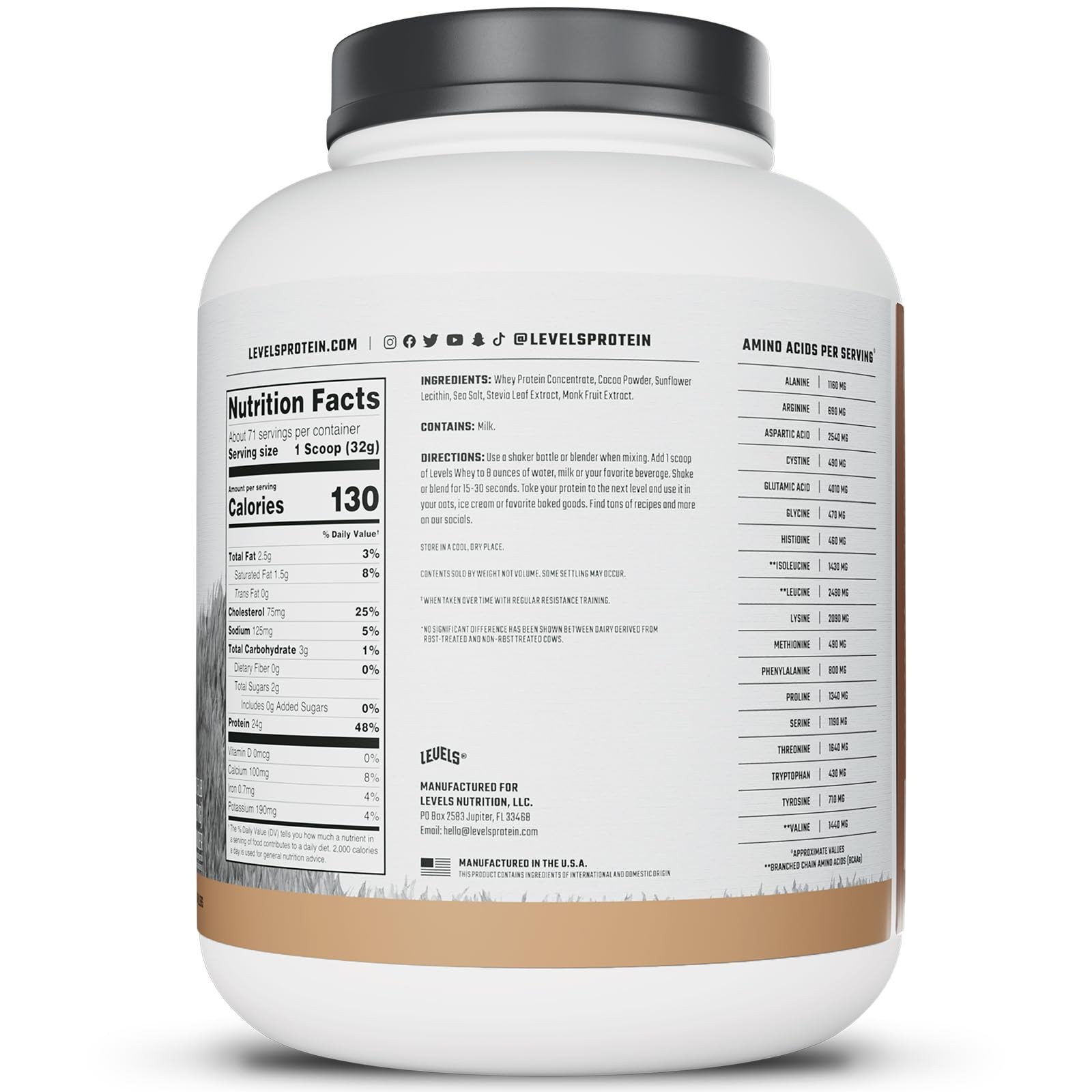 Grass Fed Whey Protein Powder 24G Protein Pure Chocolate 5LB