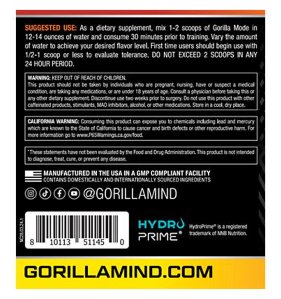 Gorilla Mode Pre-Workout Formula – White Gummy Bear (1.78 Lbs. / 40 Servings)