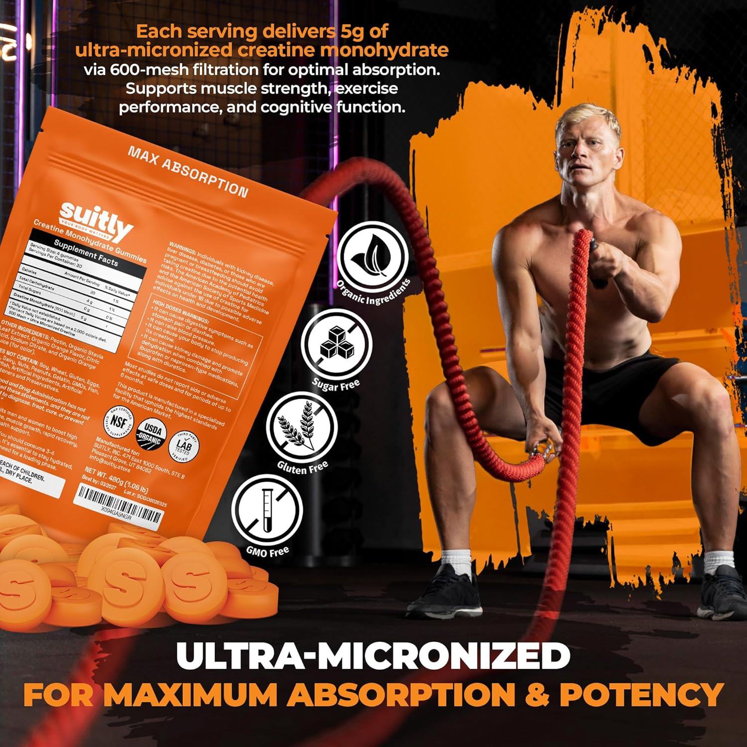 5G Ultra-Micronized Creatine Monohydrate Gummies | Made with Certified Organic I