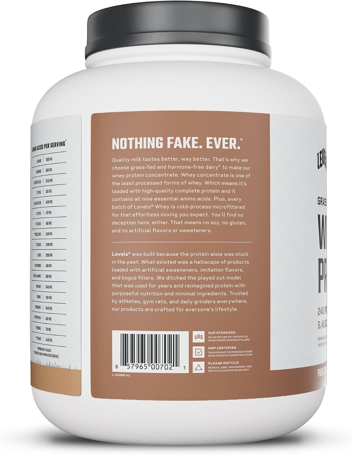Levels Grass Fed Whey Protein Powder Pure Chocolate 5LB 24G Protein No Sugar