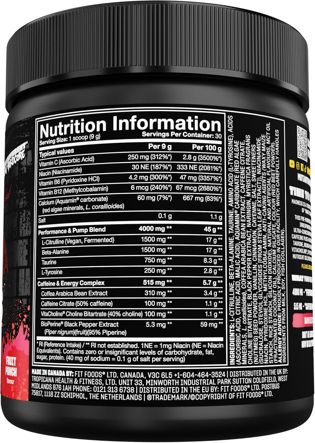 Fit Foods Mutant Madness Fruit Punch 270 g / 9.52 oz Each (Pack of 4)