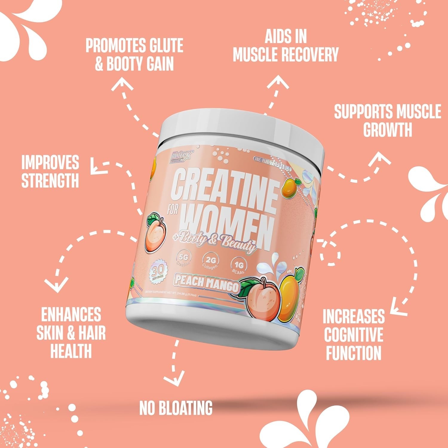 Nutrex CREATINE Monohydrate For WOMEN Collagen Biotin BCAA Peach Mango 30 Serv