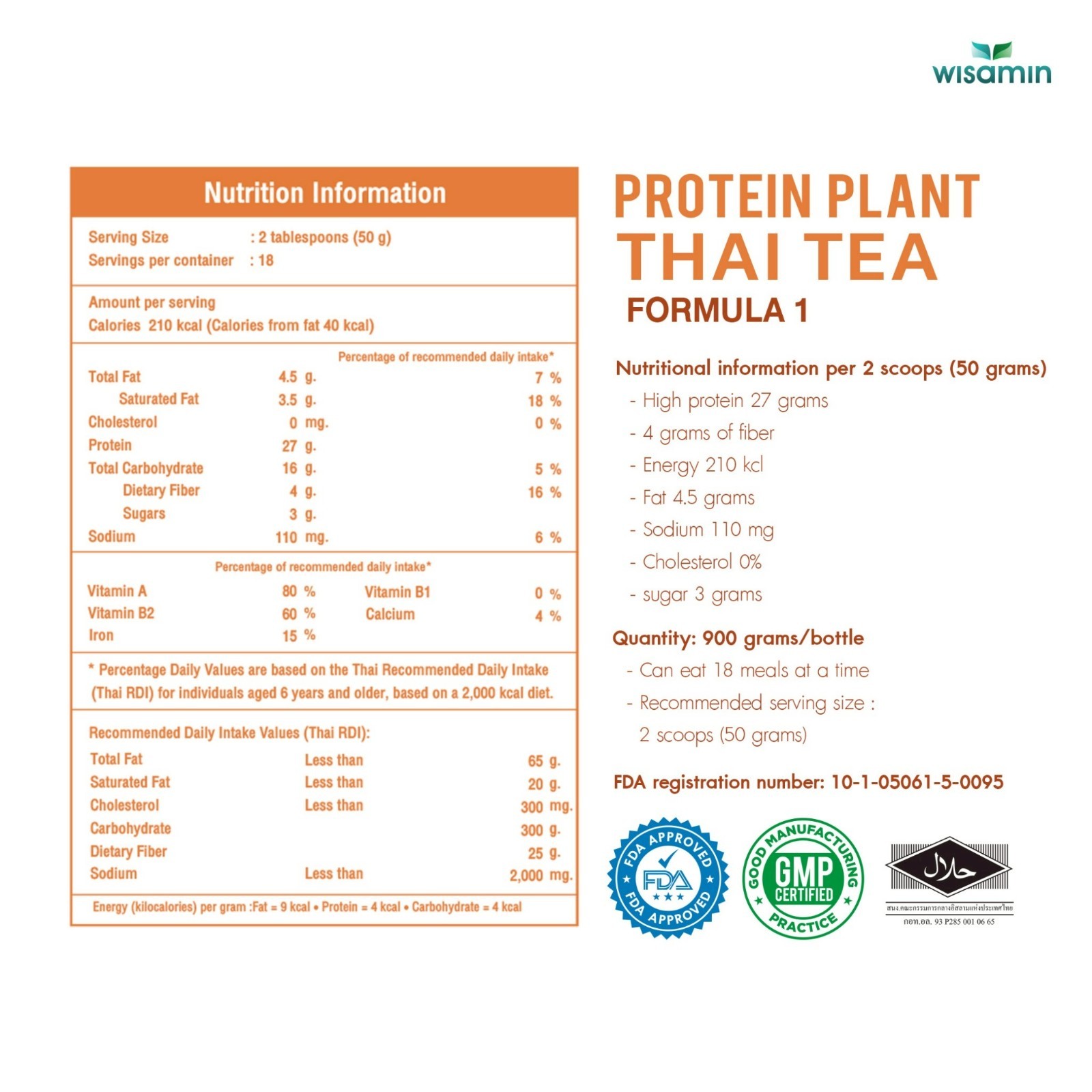 WISAMIN Plant Protein Powder Thai Tea Flavor 900g | 27g Protein Organic Non GMO