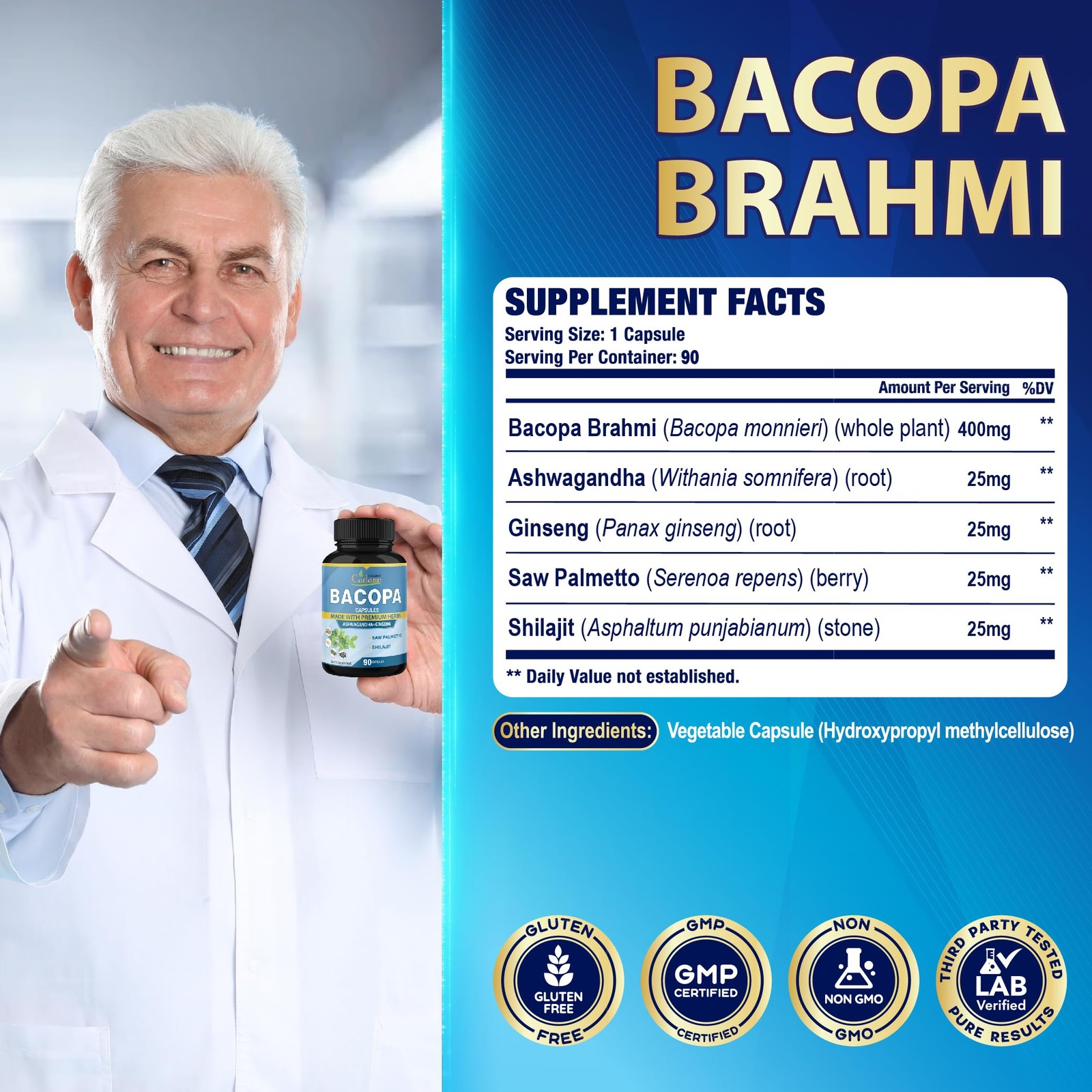 Organic Cadane Bacopa Monnieri Supplement – Blended with 90 Count (Pack of 1)