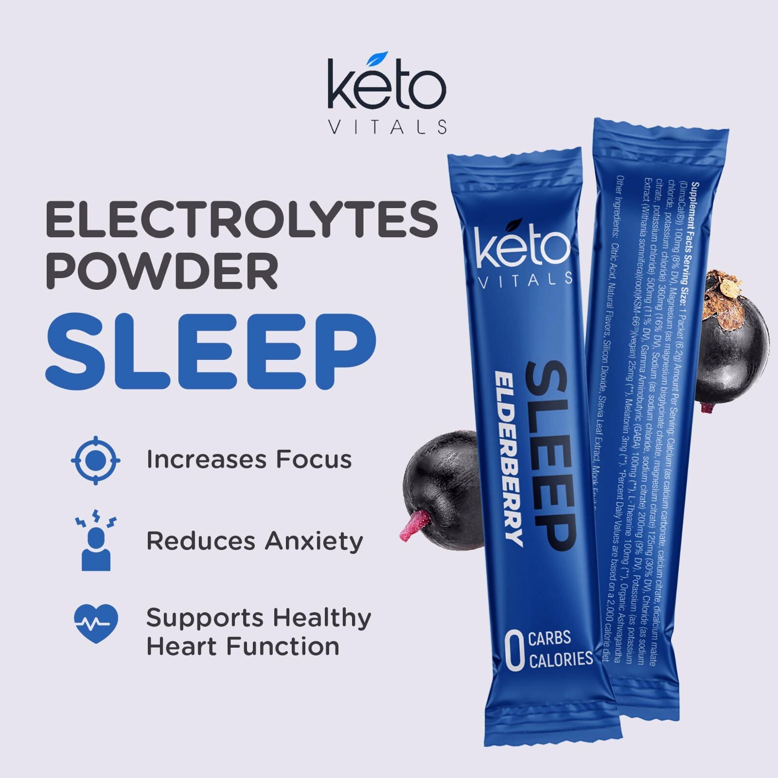 Keto Vitals Sleep Drink Electrolyte Sleep Powder Packets – – Elderberry, 30 Ct.