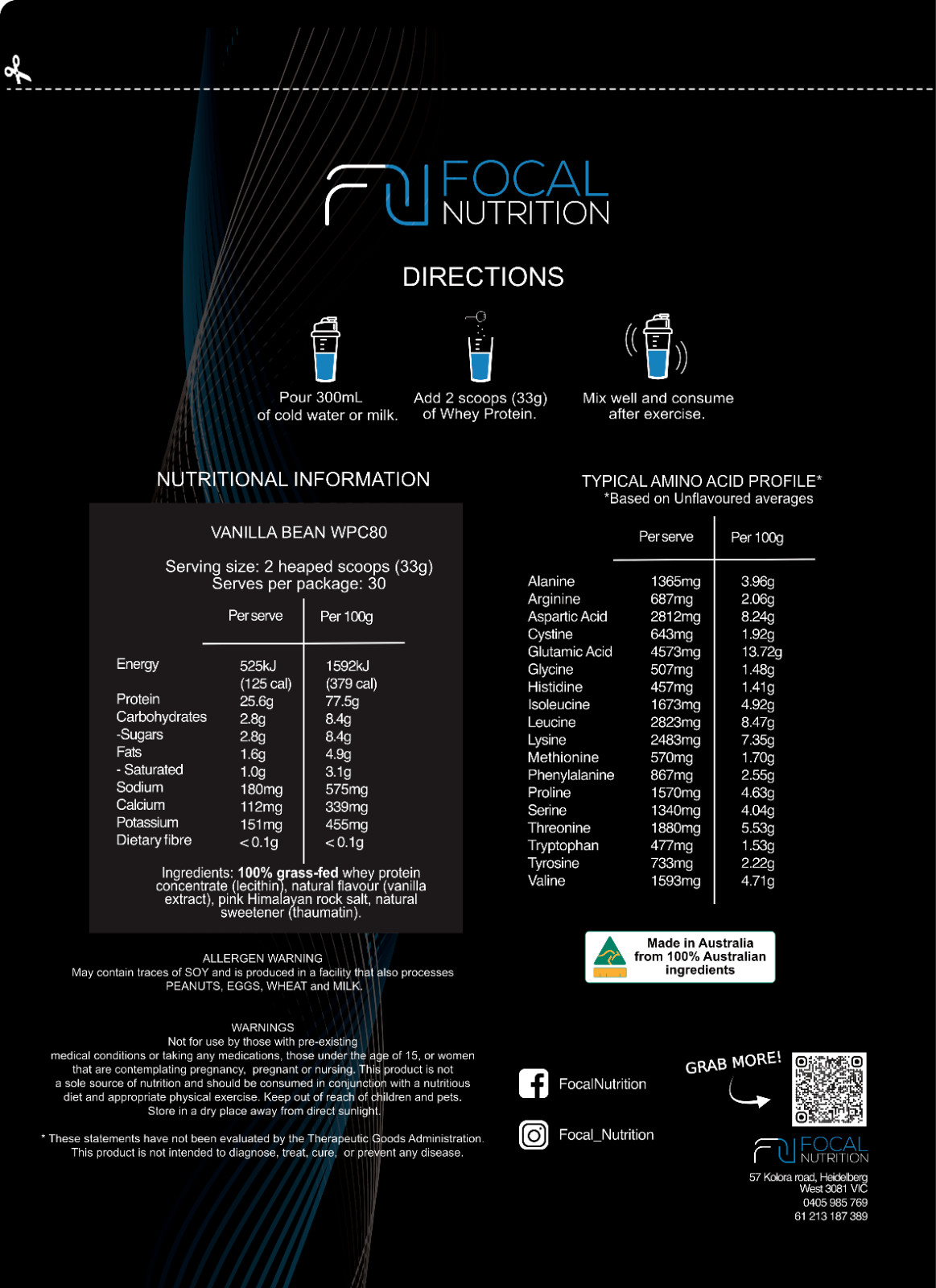 100% AUSTRALIAN LEAN WHEY PROTEIN CONCENTRATE *VANILLA* WPC PREMIUM GRASS-FED