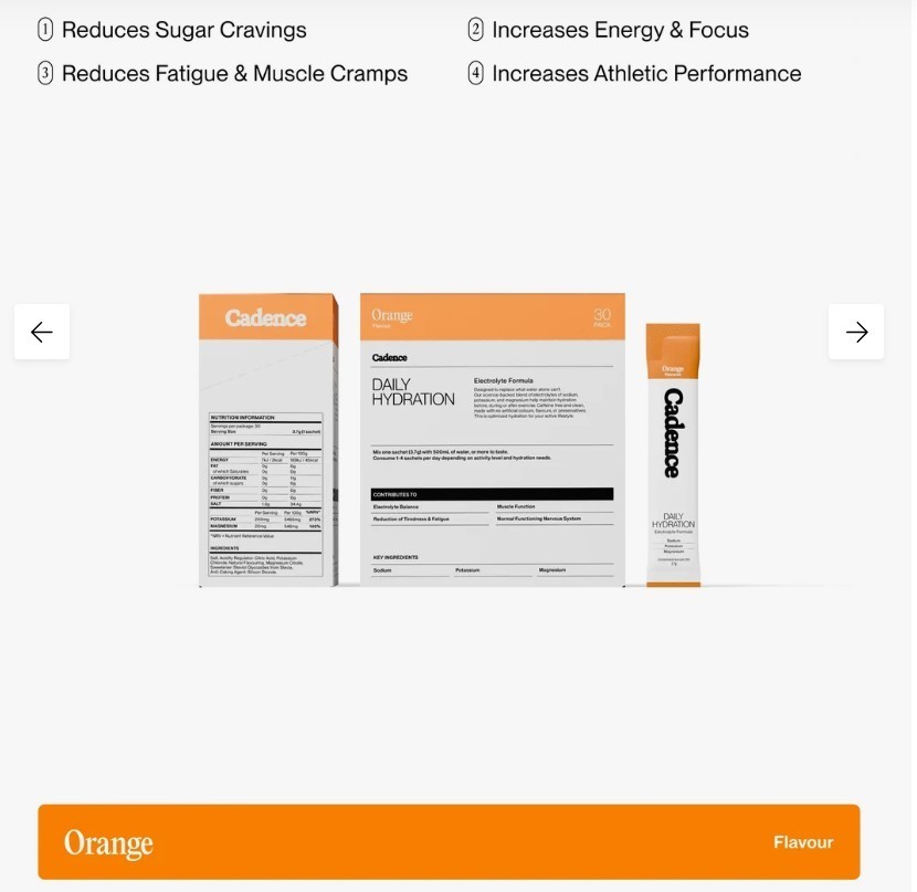 2 Pack of Cadence Core Electrolyte Hydration Supplement Orange 30 Satchets