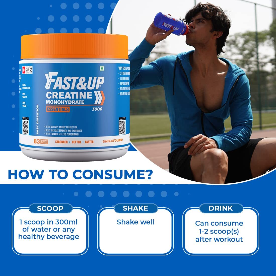Fast&Up Creatine Monohydrate For Muscle Repair & Recovery Unflavored Choose Size